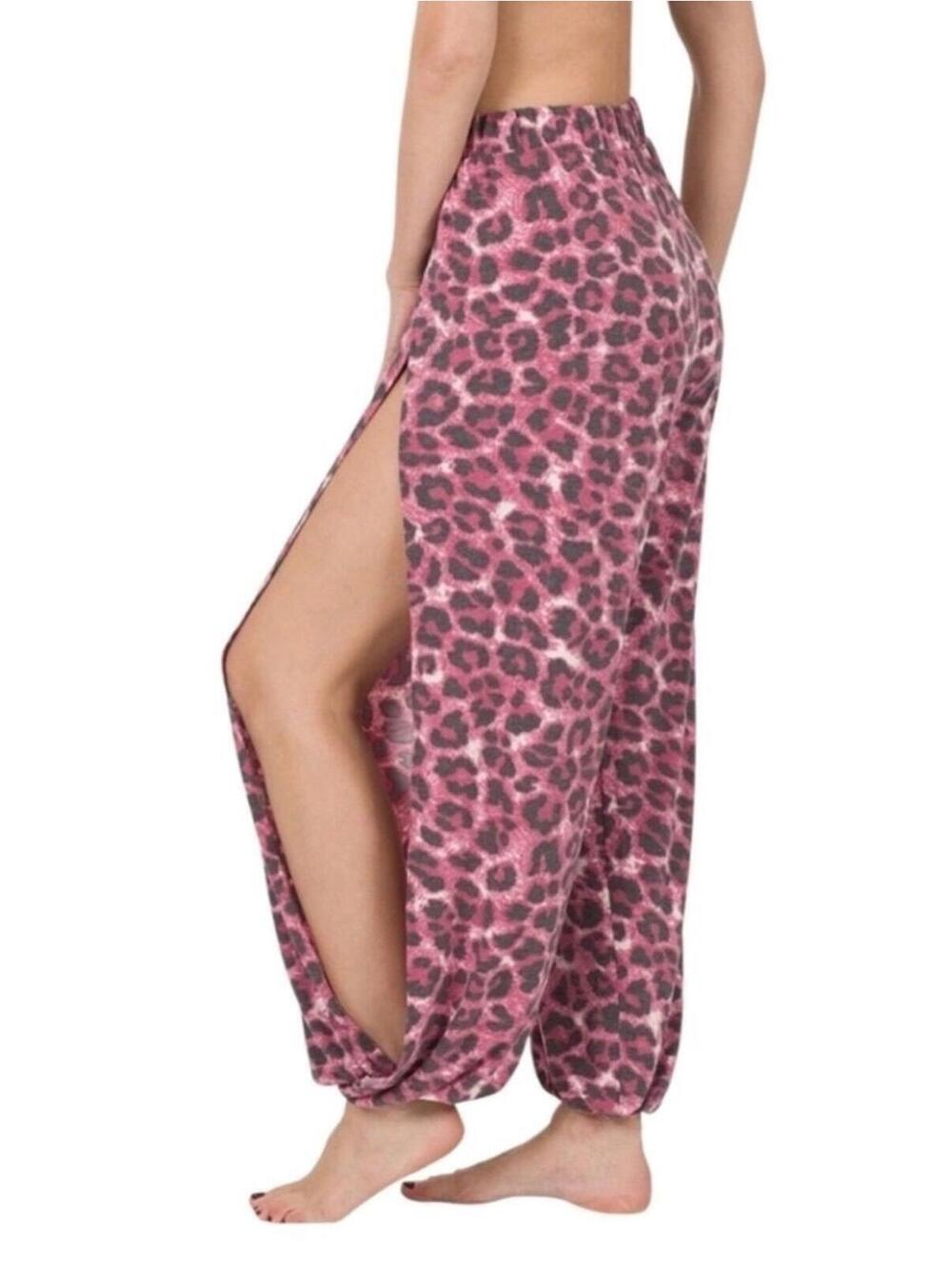 Zenana Pink Leopard Print Harem Pants 1X  Boho Wide Leg Slit  Pants Plus Size